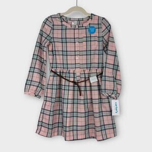 Carter’s Kid Little Girl’s Size 5 Pink Gray Plaid Twill Belted Shirt Dress New